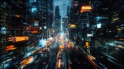 Naklejka premium Digital twin of a smart city, data layers overlaying city streets, real-time monitoring, futuristic design, cool lighting, innovative atmosphere