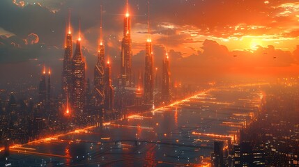 Fototapeta premium Captivating Futuristic Cityscape Skyline at Night with Illuminated Modern Skyscrapers and Neon Glow