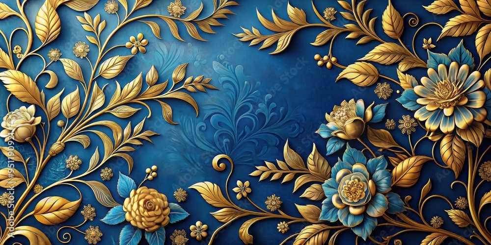 Canvas Prints Gold and blue floral painting with intricate details , flower, painting, gold, blue, colors, art, botanical, nature