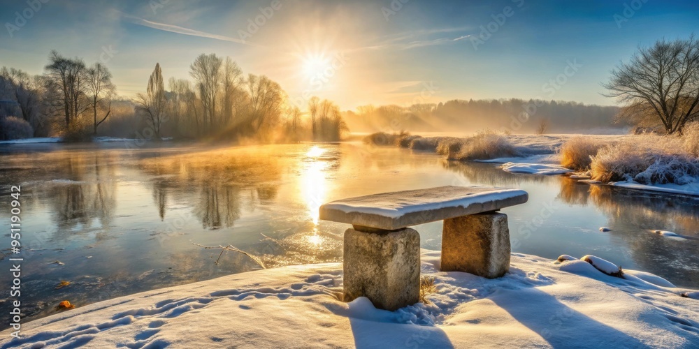 Sticker Stone altar near frozen river on a cold sunny winter morning, stone, altar, frozen, river, cold, sunny, winter, morning