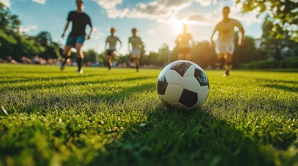Obraz premium A group of friends playing soccer on a grassy field, showcasing teamwork and outdoor exercise with ample space for copy.