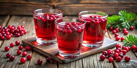 Three glasses of refreshing cranberry juice with fresh berries on a rustic wood background symbolizing health and natural refreshment