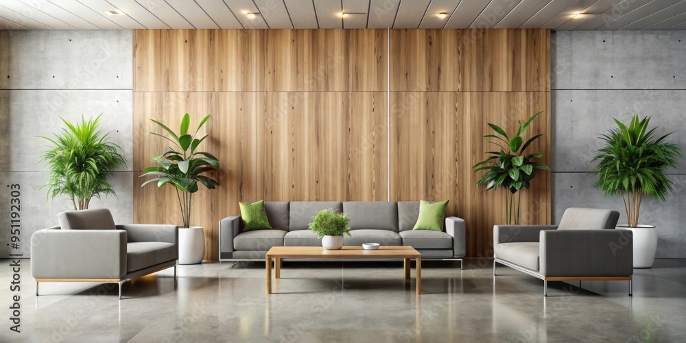 Canvas Prints Modern waiting room with sofas, coffee table, and potted plants on concrete floor with wooden wall background