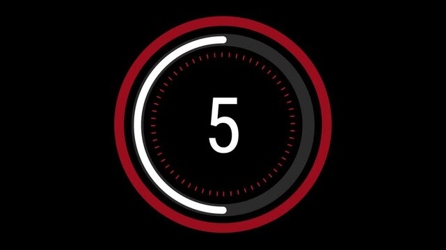 10-second sleek red and white countdown with a rotating dashed inner ring, a pulsating outer circle, and a decreasing time gauge on a black background. 4K Motion Graphics.