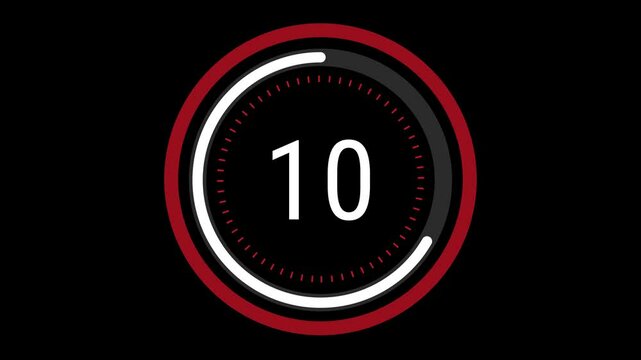 15-second sleek red and white countdown with a rotating dashed inner ring, a pulsating outer circle, and a decreasing time gauge on a black background. 4K Motion Graphics.