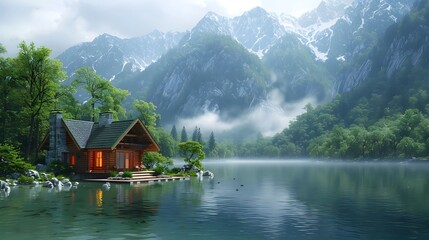 Fototapeta premium Tranquil Lakeside Cabin Nestled in Mountainous Wilderness Retreat