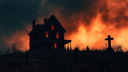 A haunted house silhouette against a dramatic, cloudy sky, with a graveyard in the foreground, capturing the essence of Halloween with ample copy space.