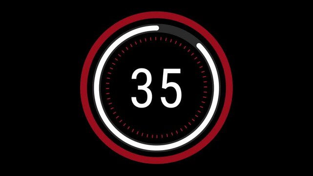 40-second sleek red and white countdown with a rotating dashed inner ring, a pulsating outer circle, and a decreasing time gauge on a black background. 4K Motion Graphics.