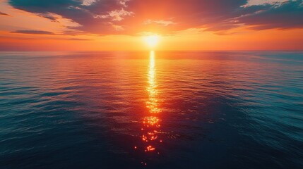 Obraz premium A high altitude shot of an ocean at sunset, with the sky reflecting warm colors on the waters surface and creating a tranquil, scenic view.