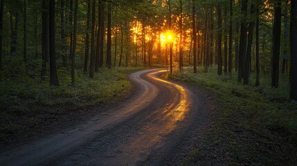 Fototapeta premium Scenic drive through a forest at sunrise, vivid colors, soft lighting, morning tranquility