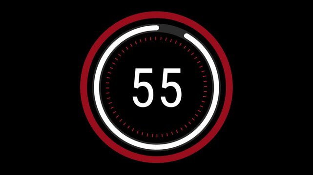 60-second (1-minute) sleek red and white countdown with a rotating dashed inner ring, a pulsating outer circle, and a decreasing time gauge on a black background. 4K Motion Graphics.