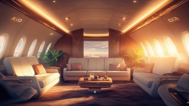 A high end airplane cabin with sophisticated features and elegant furnishings, ideal for luxury travel promotions. Spacious scene with room for text.