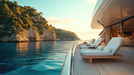 A high end family holiday with a private yacht and bespoke services, ideal for luxury travel promotions. Clear copy space.