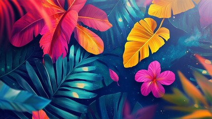 Abstract illustration featuring jungle exotic leaves and vibrant design elements, creating a summer-themed background and banner concept with a lively, colorful touch.

