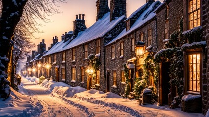 Naklejka premium Snow Covered Stone Houses on a Winter Evening