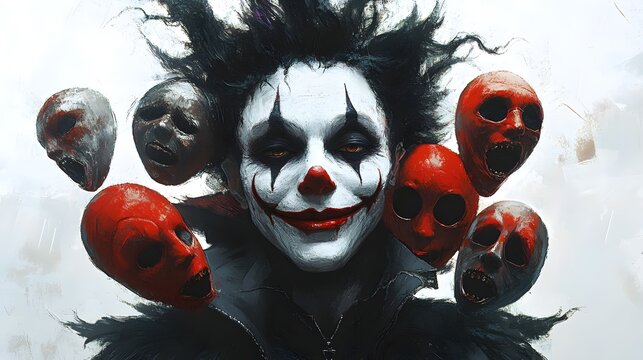 Demonic jester with a creepy grin, juggling Halloween masks, surreal and haunting design, digital painting, isolated on white background