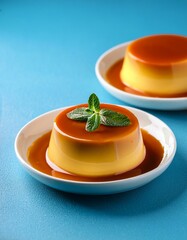 Caramel custard pudding with mint on blue background