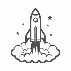 Fototapeta premium Illustration of a rocket launching with clouds and stars in the background