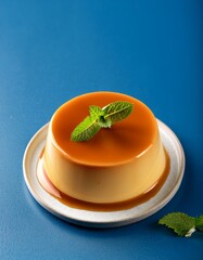 Caramel custard pudding with mint on blue background