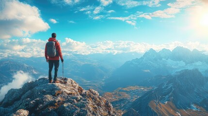 A hiker standing on a mountain peak, gazing at the horizon with a sense of accomplishment, ideal for motivational and exploration themes with ample copy space.