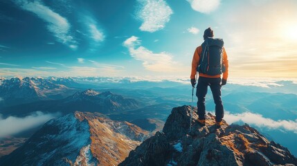 A hiker standing on a mountain peak, gazing at the horizon with a sense of accomplishment, ideal for motivational and exploration themes with ample copy space.