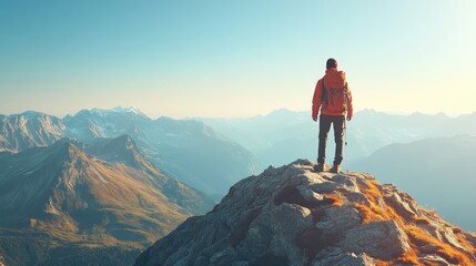 A hiker standing on a mountain peak, overlooking a vast landscape with a clear sky, capturing the sense of achievement and adventure with space for text.