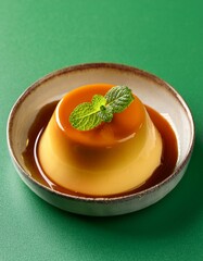 Caramel custard pudding with mint on green background