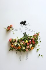 a minimalist drawing of a dancing woman with a dress made out of real flowers