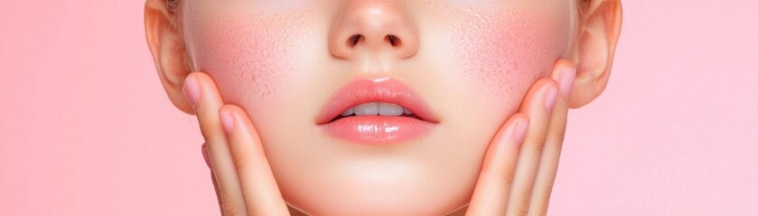 Obraz premium Closeup of a teenage girl with acne on her cheeks, looking directly at the camera with a neutral expression