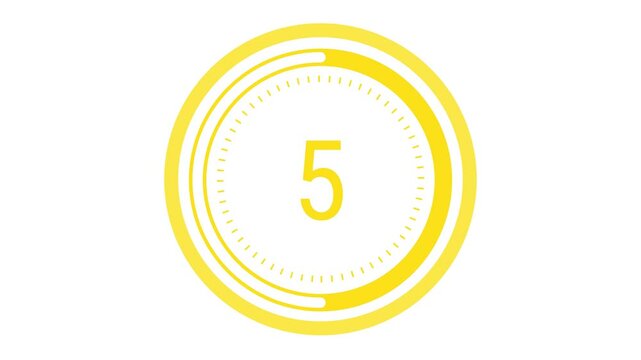 10-second vibrant lemon yellow countdown with a rotating dashed inner ring, a pulsating outer circle, and a decreasing time gauge on a white background. 4K Motion Graphics. Fresh fruit, lemon concept