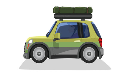 Cartoon vector or illustration of traveller car red mix green color. top of car with rack and green bag. With driving man inside car. Isolated white background.