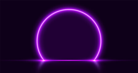 Neon arch, purple glowing portal, futuristic circle stage, magic gate background. Vector illustration.