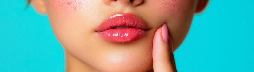 Fototapeta premium Teenage girl with acne on her cheeks, holding her hair back to show her skin