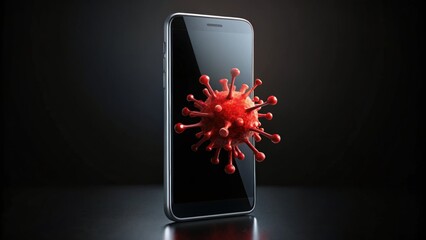 Hacked smart phone with virus on black background, isolated, malware, cyber attack, security breach, technology