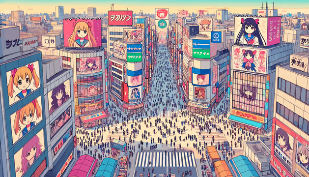 The concept of the image of Akihabara, the sacred place of Japanese animation. Vector illustration.
