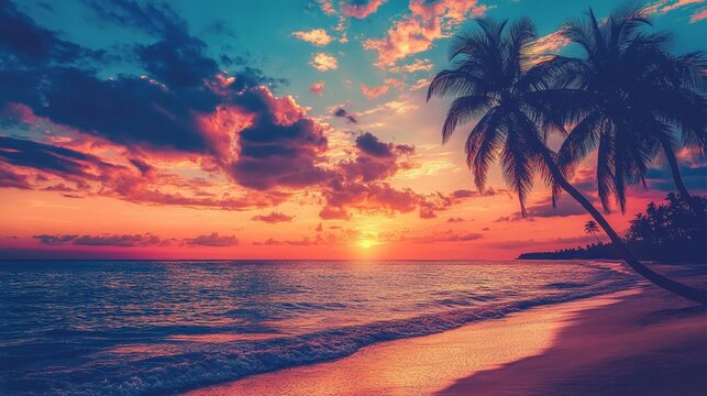 Evening beach with palm trees silhouetted against a colorful sunset sky, reflecting a relaxing and picturesque summer evening. Captured with a Nikon Z6 II for vivid details.

