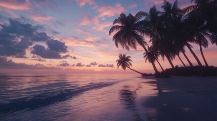 Fototapeta premium Evening beach with palm trees silhouetted against a colorful sunset sky, reflecting a relaxing and picturesque summer evening. Captured with a Nikon Z6 II for vivid details.
