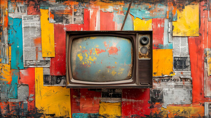 Vintage collage 60s retro television, newspaper elements, paper on the wall with vibrant color mixed media Contemporary art colorful collage