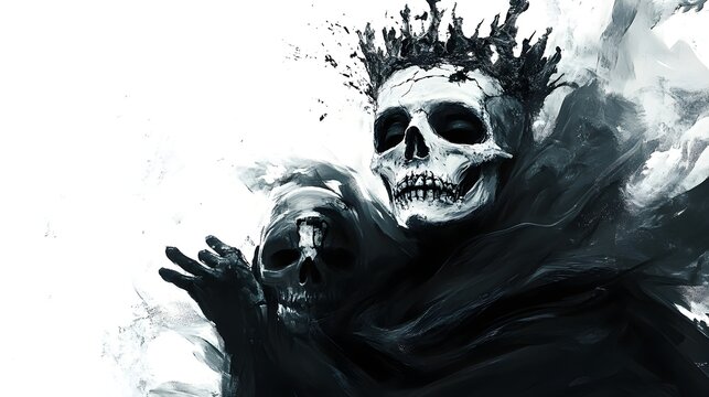 Skeleton king with a fractured crown, holding Halloween masks, surreal digital painting, eerie atmosphere, isolated on white background