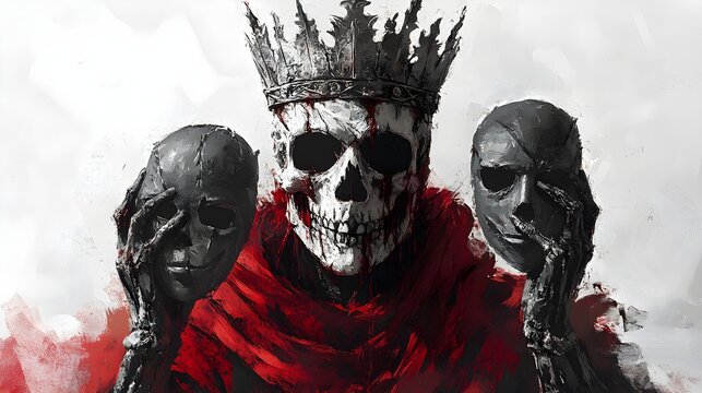Skeleton king with a fractured crown, holding Halloween masks, surreal digital painting, eerie atmosphere, isolated on white background