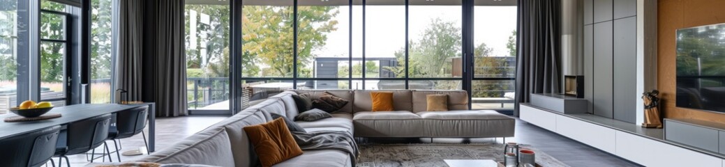 Modern Living Room with Large Windows Offering a View of Nature