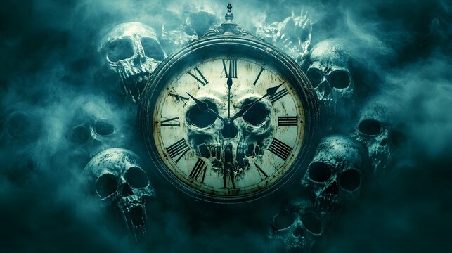 Spooky antique clock with ghostly moving hands, surrounded by Halloween masks, dark and atmospheric illustration, isolated on white background