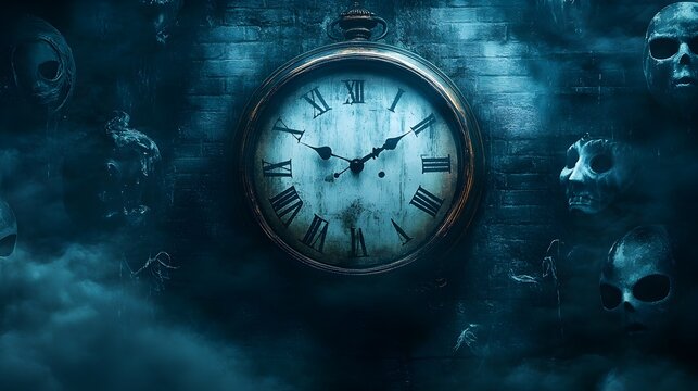 Spooky antique clock with ghostly moving hands, surrounded by Halloween masks, dark and atmospheric illustration, isolated on white background