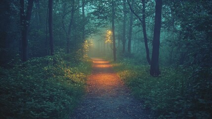 Obraz premium Serene forest pathway at dusk, vintage filter, soft lighting, misty atmosphere, tranquil setting