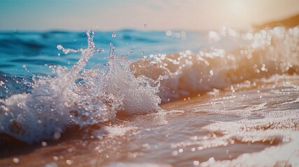 Close-up of clear blue sea water with waves splashing on a sandy coast on a sunny day, highlighting the beauty and clarity of the tropical seascape.

