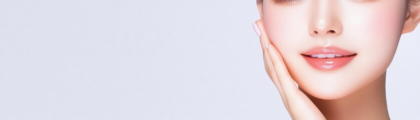 Closeup of an Asian woman with radiant skin, smiling softly against a plain white background
