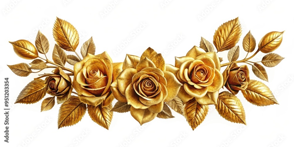 Canvas Prints Gold foil roses and leaves arrangement on a white background, gold, foil, roses, leaves, shiny, decorative, luxurious