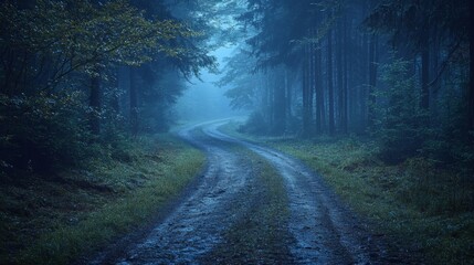 Obraz premium Serene road through a forest at twilight, deep shadows, cool tones, mysterious ambiance, calm and quiet