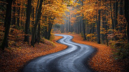 Obraz premium Serene road through a forest in autumn, vivid colors, soft lighting, gentle curves, tranquil nature