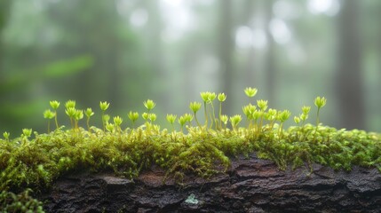 A macro shot of moss growing on a tree branch, with tiny details of the moss structure against a blurred forest background, providing space for text.